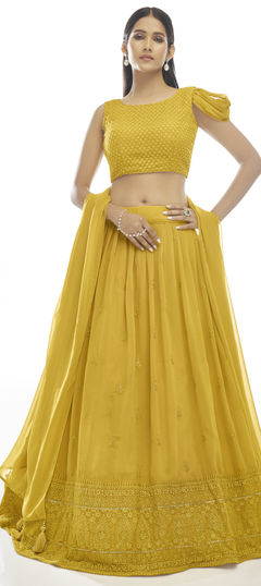 Yellow color Lehenga in Georgette fabric with Sequence, Thread work