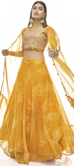 Engagement, Reception, Wedding Yellow color Lehenga in Organza Silk fabric with A Line Gota Patti, Printed, Thread work : 1812010