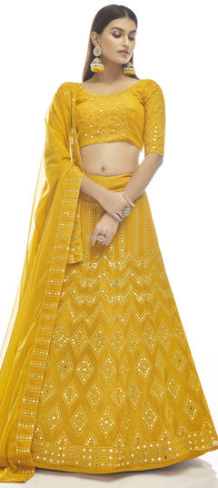 Yellow color Lehenga in Georgette fabric with Gota Patti, Thread work