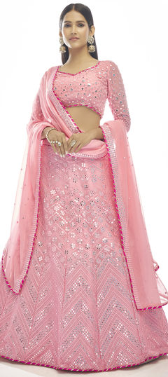 Engagement, Reception, Wedding Pink and Majenta color Lehenga in Georgette fabric with A Line Gota Patti, Thread work : 1812019