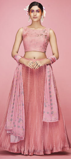 Mehendi Sangeet, Reception Pink and Majenta color Lehenga in Art Silk fabric with A Line Embroidered, Mirror work : 1812145