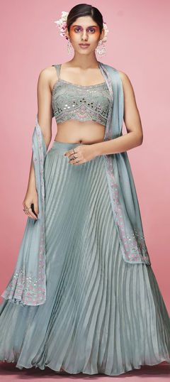 Mehendi Sangeet, Reception Black and Grey color Lehenga in Art Silk fabric with A Line Embroidered, Mirror work : 1812147