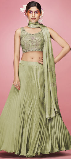 Mehendi Sangeet, Reception Green color Lehenga in Art Silk fabric with A Line Embroidered, Mirror work : 1812151