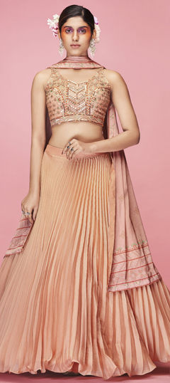 Mehendi Sangeet, Reception Beige and Brown color Lehenga in Art Silk fabric with A Line Embroidered, Mirror work : 1812154