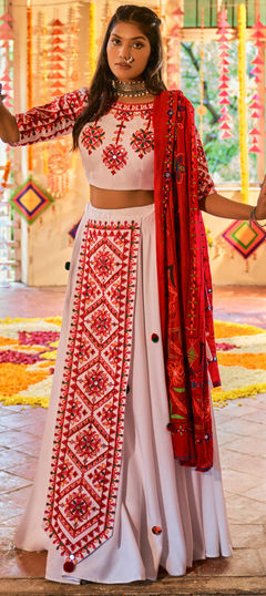 White and Off White color Lehenga in Muslin fabric with Embroidered, Mirror, Thread work