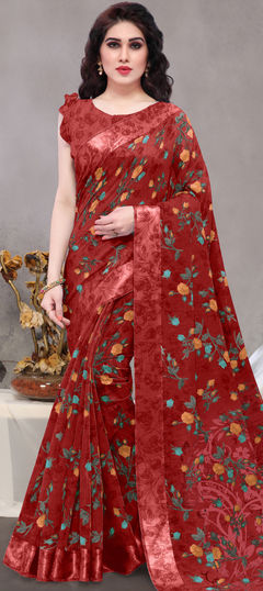 Red and Maroon color Saree in Cotton fabric with Floral, Printed work