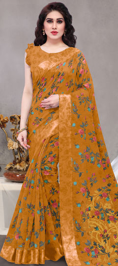 Yellow color Saree in Cotton fabric with Floral, Printed work