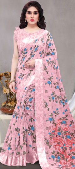 Pink and Majenta color Saree in Cotton fabric with Floral, Printed work