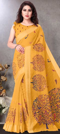 Yellow color Saree in Cotton fabric with Printed work