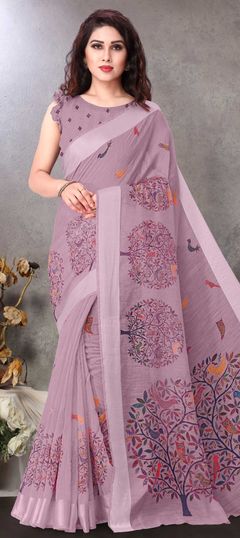 Casual, Traditional Purple and Violet color Saree in Cotton fabric with Bengali Printed work : 1812457