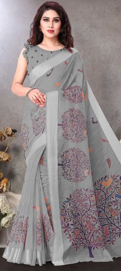 Casual, Traditional Black and Grey color Saree in Cotton fabric with Bengali Printed work : 1812458