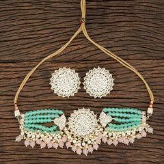 Gold Rodium Polish White and Off White color Necklace in Brass studded with Beads, CZ Diamond, Pearl