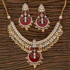 Gold Rodium Polish Red and Maroon, White and Off White color Necklace in Brass studded with Beads, CZ Diamond, Pearl