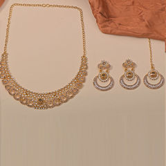 Gold Rodium Polish White and Off White color Necklace in Brass studded with Beads, Cubic Zirconia, CZ Diamond