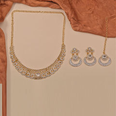 Gold Rodium Polish White and Off White color Necklace in Brass studded with Beads, Cubic Zirconia, CZ Diamond
