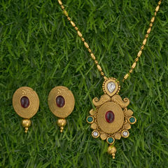 Gold Rodium Polish Red and Maroon, White and Off White color Pendant in Brass studded with Cubic Zirconia, Kundan