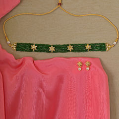 Gold Rodium Polish Green, White and Off White color Necklace in Brass studded with Cubic Zirconia, Kundan
