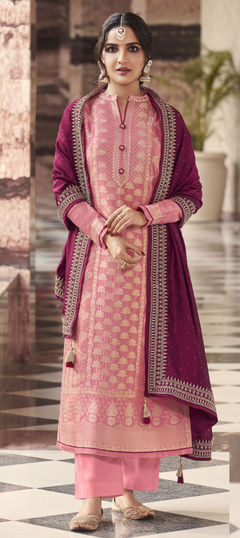 Pink and Majenta color Salwar Kameez in Art Silk fabric with Weaving work