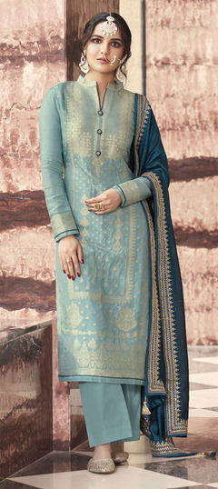 Blue color Salwar Kameez in Art Silk fabric with Weaving work