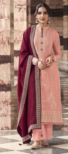 Pink and Majenta color Salwar Kameez in Art Silk fabric with Weaving work