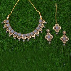 Gold Rodium Polish Black and Grey, White and Off White color Necklace in Brass studded with Beads, Cubic Zirconia, Pearl