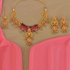 Gold Rodium Polish Multicolor color Necklace in Brass studded with Beads, Cubic Zirconia, Pearl