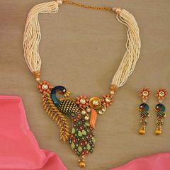 Gold Rodium Polish Multicolor color Necklace in Brass studded with Beads, Cubic Zirconia, Pearl