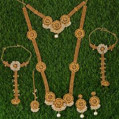 Gold Rodium Polish White and Off White color Necklace in Brass studded with Beads, Cubic Zirconia, Pearl