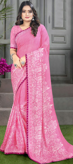 Pink and Majenta color Saree in Georgette fabric with Floral, Lace, Printed work