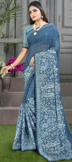 Black and Grey color Saree in Georgette fabric with Floral, Lace, Printed work