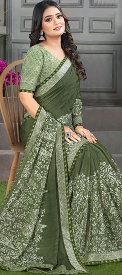 Green color Saree in Georgette fabric with Floral, Lace, Printed work