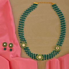 Gold Rodium Polish Green, White and Off White color Necklace in Brass studded with Cubic Zirconia, Kundan