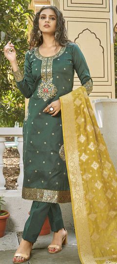 Green color Salwar Kameez in Banarasi Silk fabric with Weaving, Zari work