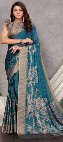 Blue color Saree in Chiffon fabric with Floral, Printed work