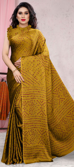 Yellow color Saree in Chiffon fabric with Bandhej, Printed work