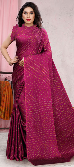 Pink and Majenta color Saree in Chiffon fabric with Bandhej, Printed work