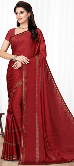 Red and Maroon color Saree in Art Silk, Silk fabric with Stone work