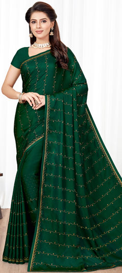 Green color Saree in Art Silk, Silk fabric with Stone work