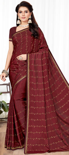 Red and Maroon color Saree in Art Silk, Silk fabric with Stone work