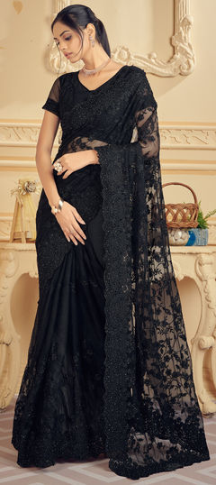 Black and Grey color Saree in Net fabric with Embroidered, Moti, Stone, Thread work