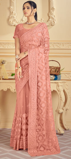 Pink and Majenta color Saree in Net fabric with Embroidered, Moti, Stone, Thread work