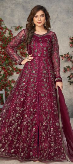 Red and Maroon color Salwar Kameez in Net fabric with Sequence, Thread, Zari work