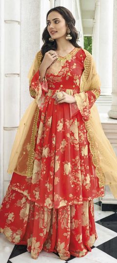 Red and Maroon color Salwar Kameez in Georgette fabric with Embroidered, Thread work