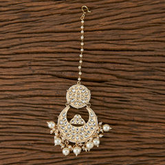 Gold Rodium Polish White and Off White color Mang Tikka in Brass studded with Kundan, Pearl