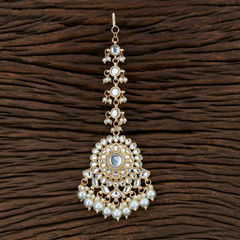 Gold Rodium Polish White and Off White color Mang Tikka in Brass studded with Kundan, Pearl