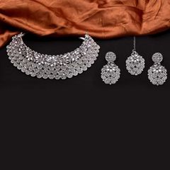 Silver Rodium Polish White and Off White color Necklace in Copper studded with Kundan