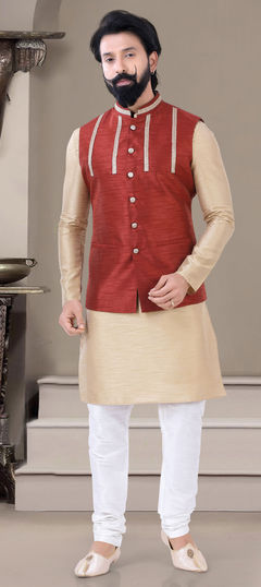 Beige and Brown color Kurta Pyjama with Jacket in Art Silk fabric with Embroidered, Zari work : 1813886