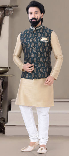 Beige and Brown color Kurta Pyjama with Jacket in Art Silk fabric with Weaving work : 1813887