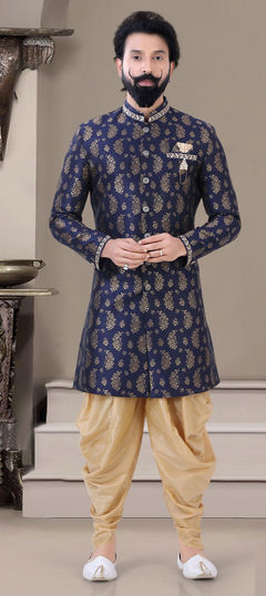 Blue color IndoWestern Dress in Jacquard fabric with Broches, Weaving work