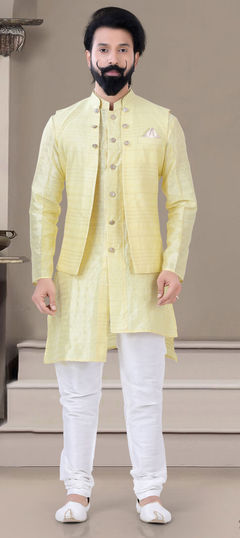 Yellow color Kurta Pyjama with Jacket in Jacquard fabric with Weaving work